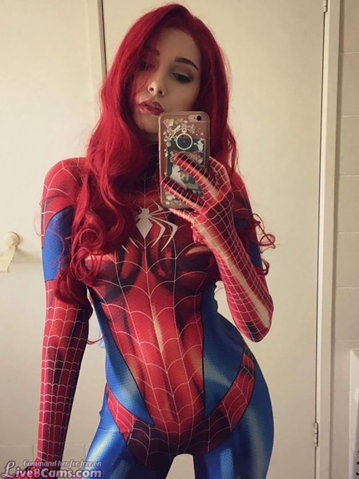 Camgirl in Mary Jean cosplay and spiderman suit